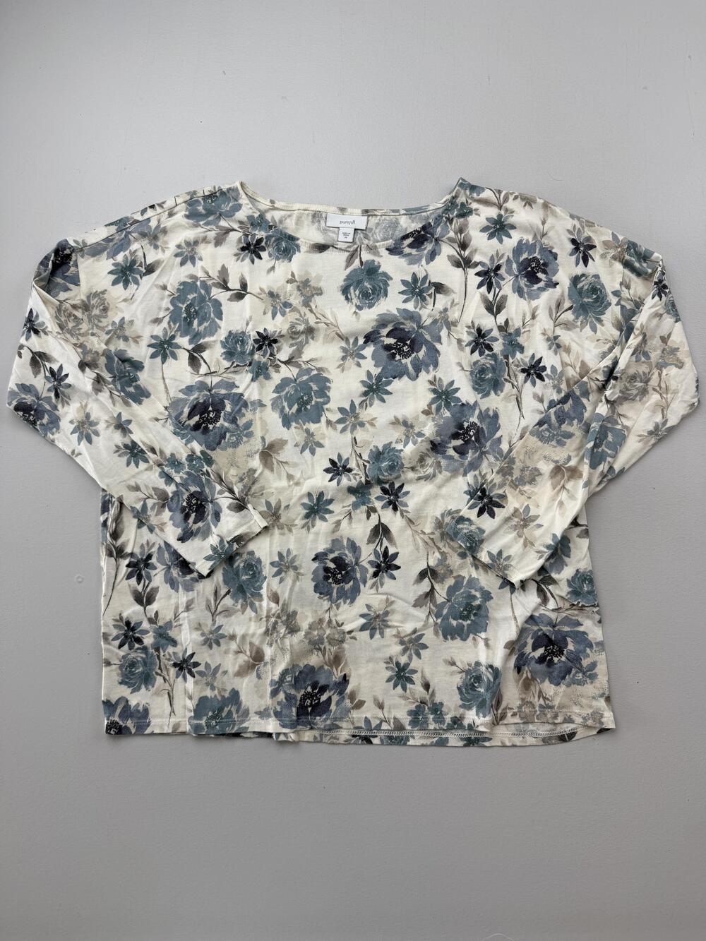 Pure Jill Shirt Womens XS Blue Crew Neck Long Sleeve Floral Jersey Top Casual